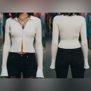 dELiA*s by Dolls Kill Collared Cozy Folklore Cardigan - Ribbed Bell Sleeve Y2K